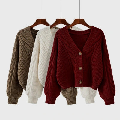 V Neck Sweater Loose Fit Women Korean Style Lazy Wind Autumn and Winter Outerwear New Style Top Vintage Twist Short Style Cardigan coat