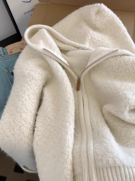 Superior Sense Off-white Lamb Fleece Hooded Zipper Cardigan Sweater Women's Autumn and Winter New Style Lazy Soft Glutinous Knit Top